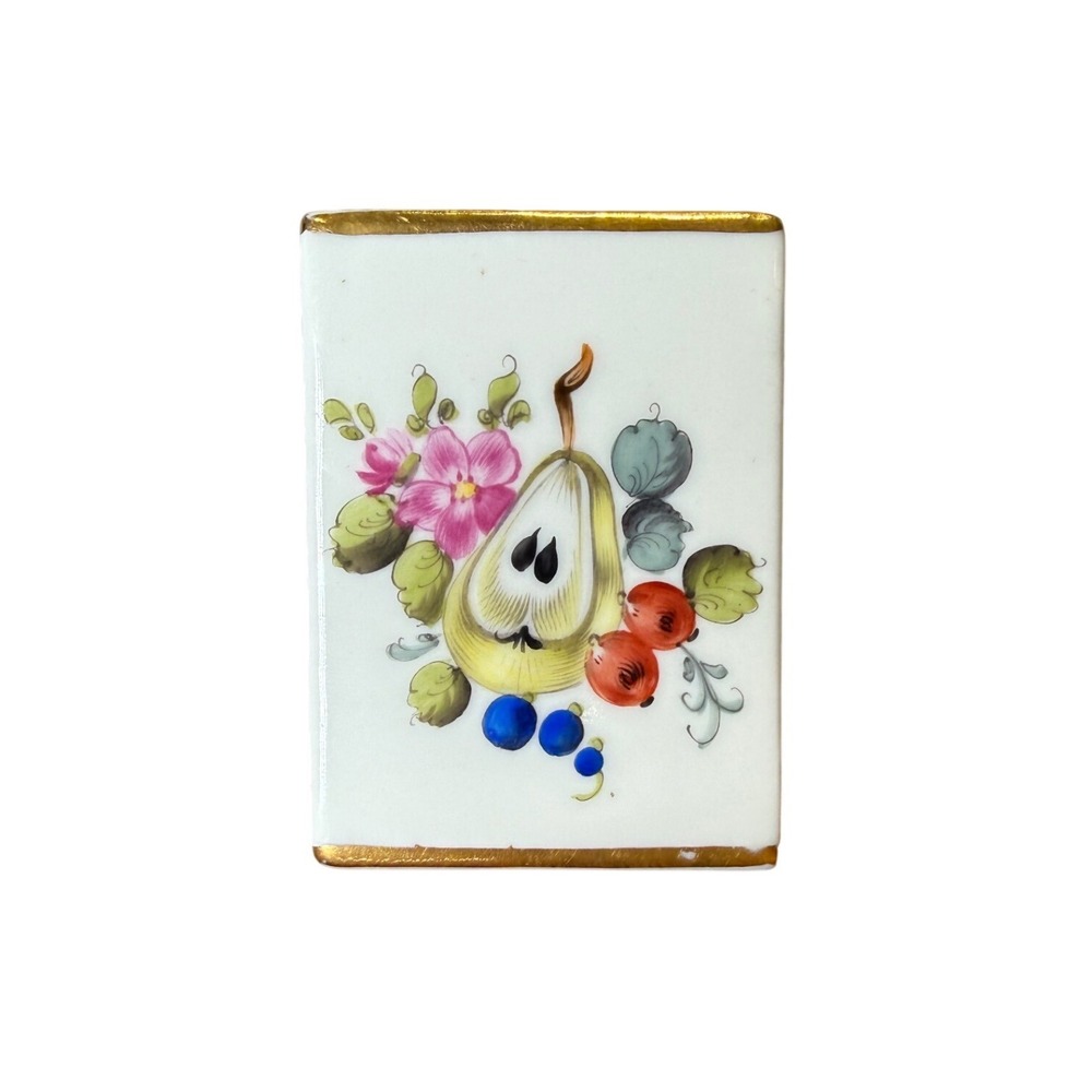 Vtg Herend Hungary Porcelain Matchbox Holder HandPainted Fruit Flowers Gold Gilt